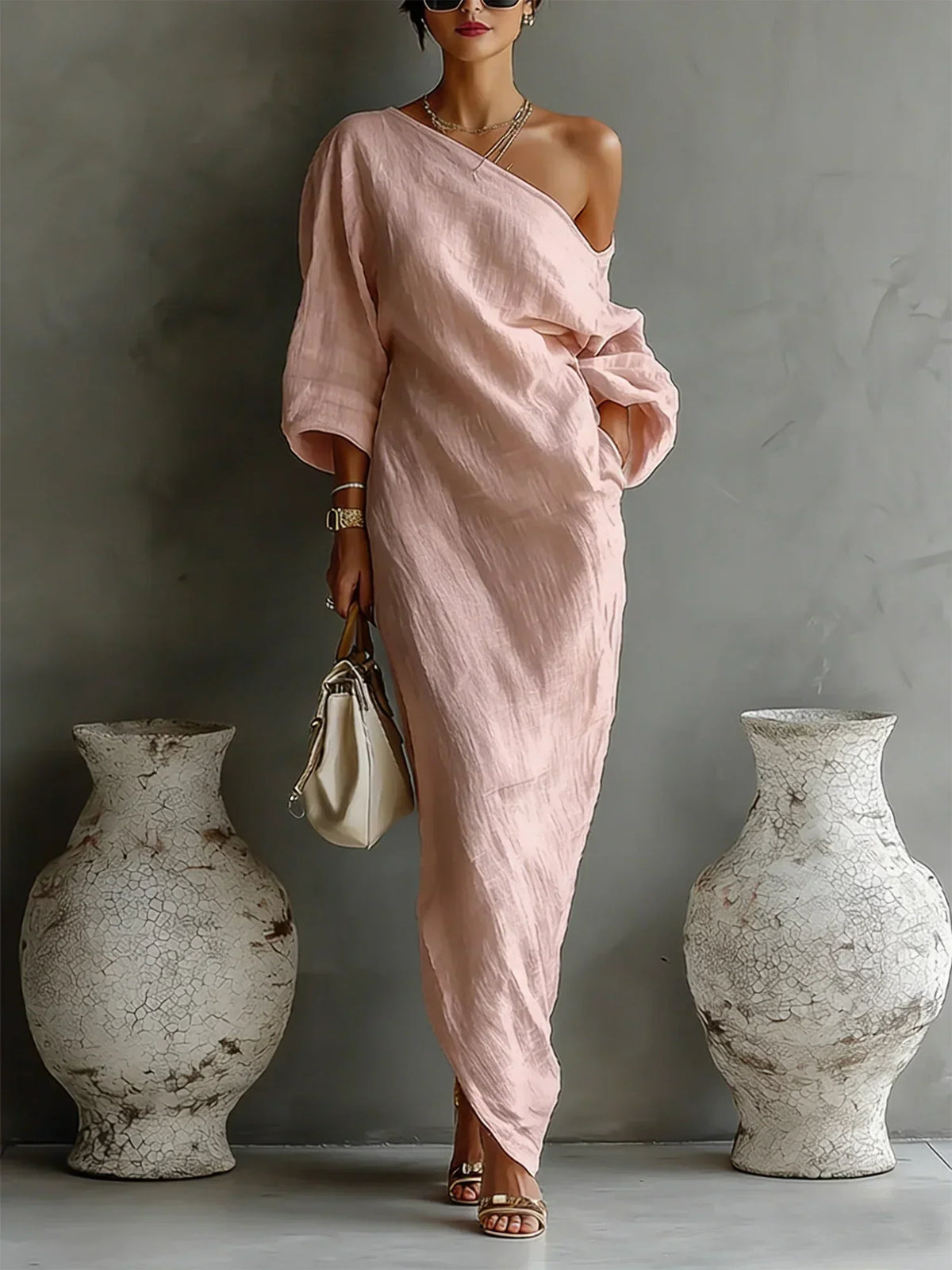 Women's Balloon Sleeve Cotton Linen Maxi Dress, Flowy Summer Dress with Irregular Hem