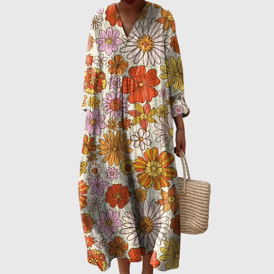 Stephanie | Women's Geometric Print Midi Dress, Fluid Relaxed Fit Day to Night Dress