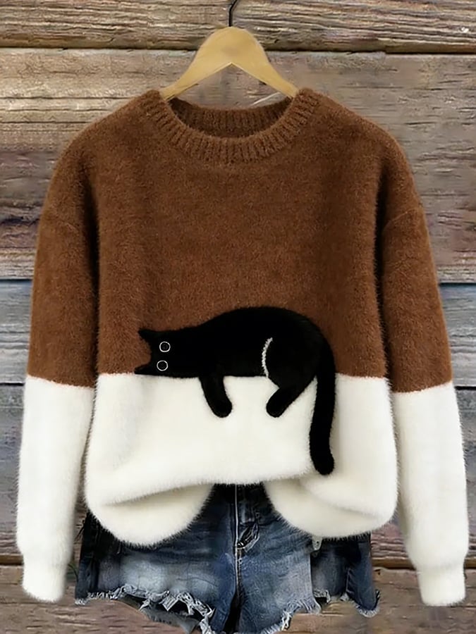 Luna | Women's Cat Print Cotton Blend Sweater, Relaxed Fit Casual Knit Sweater