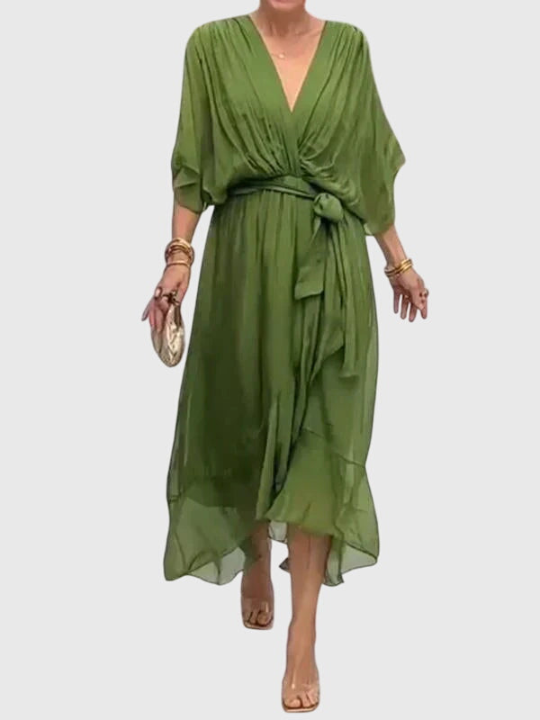 Bethany | Women's V-Neck Midi Dress, Lightweight Flowing Wedding Guest Dress