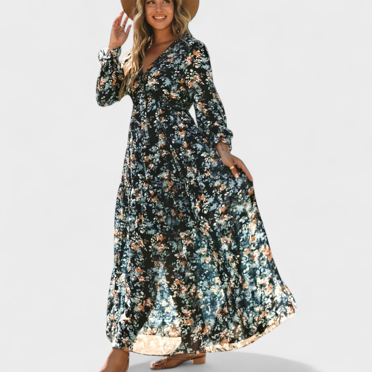 Zera | Women's Floral Tiered Maxi Dress, Long Sleeve V-Neck Dress for Warm Weather