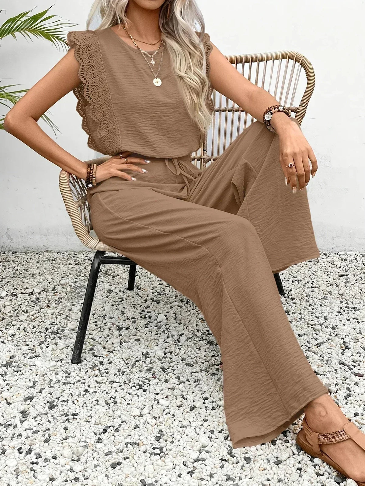 Zella | Women's Lace-Trimmed Two-Piece Set, High-Waist Wide-Leg Trousers and Top