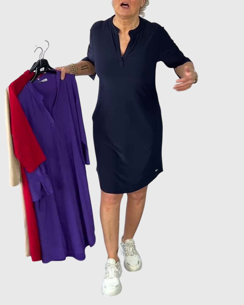 Katherine | Women's Solid V-Neck Mini Dress, Stretchy Everyday Work Dress