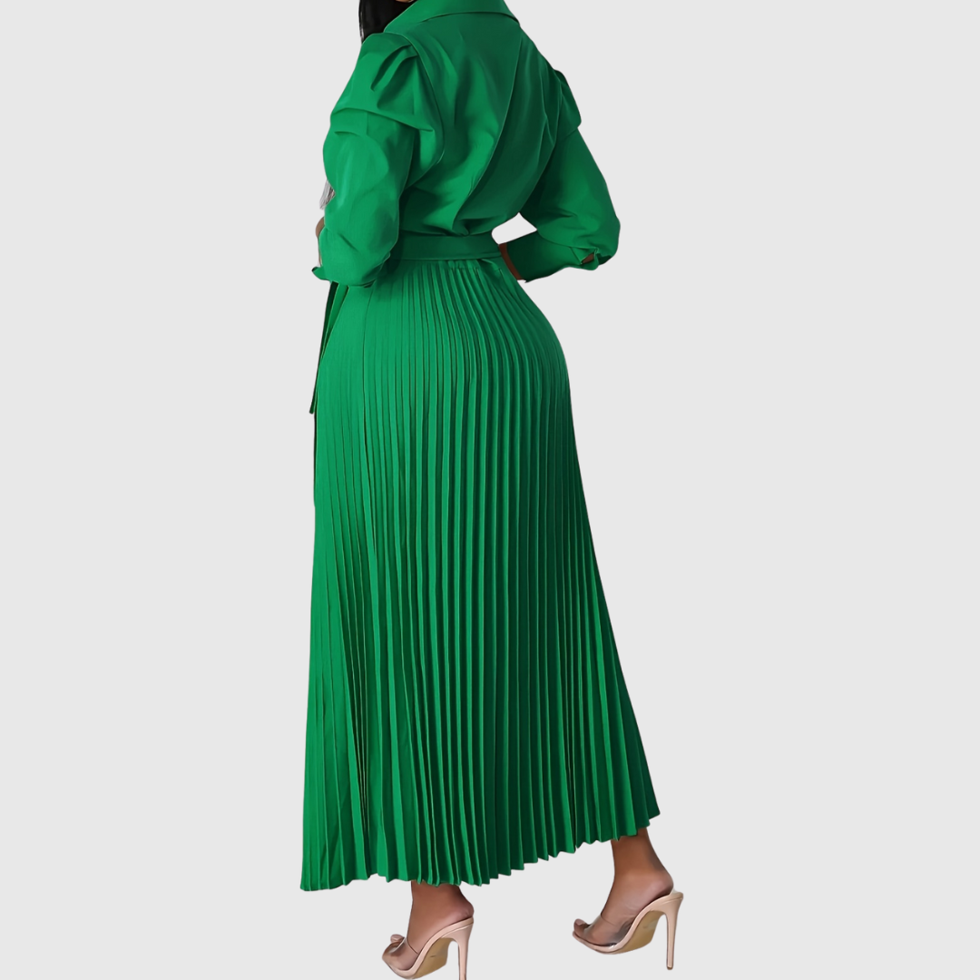 Evelina | Women's Pleated Wrap Midi Dress, Three-Quarter Sleeve Belted Dress