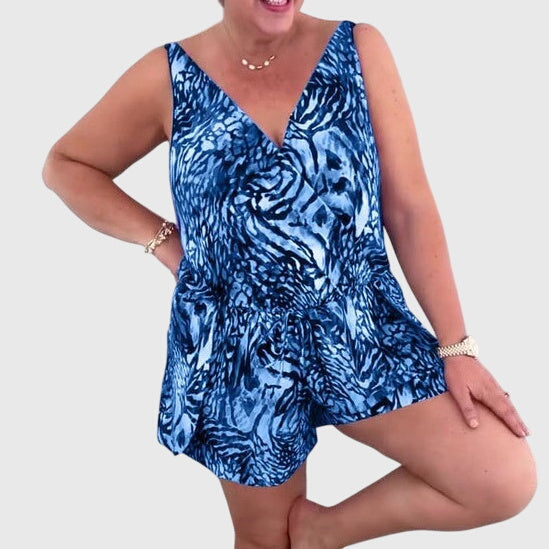Dahlia | Women's Sleeveless Swim Dress with Built-In Swimsuit, V-Neck Printed Swimwear