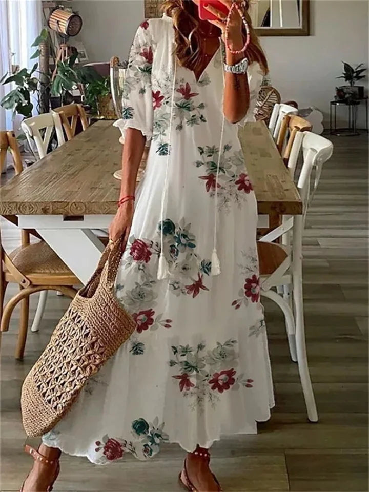 Annemariee | Women's Boho Floral Maxi Dress, V-Neck Short Sleeve Beach Dress