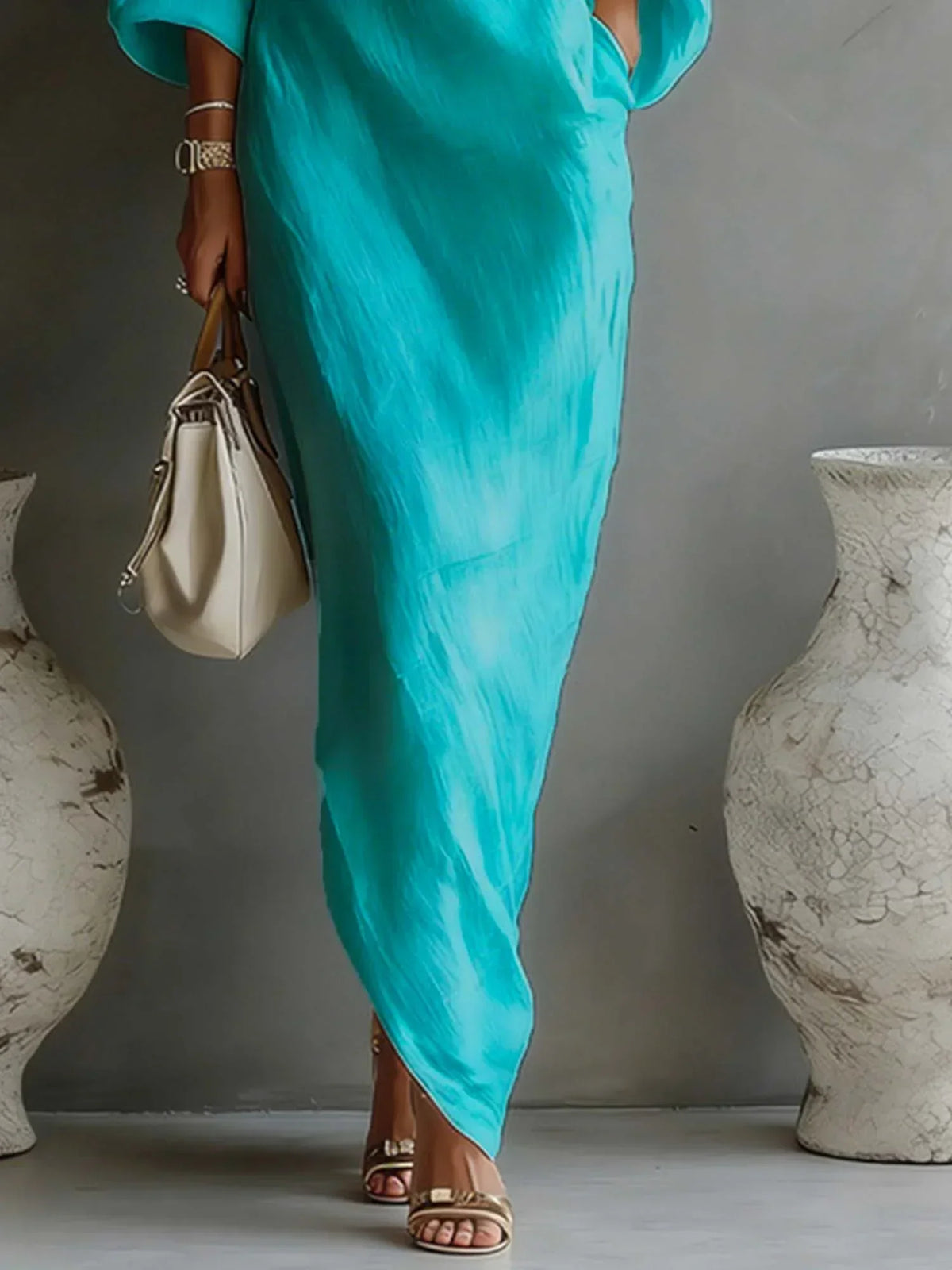 Women's Balloon Sleeve Cotton Linen Maxi Dress, Flowy Summer Dress with Irregular Hem