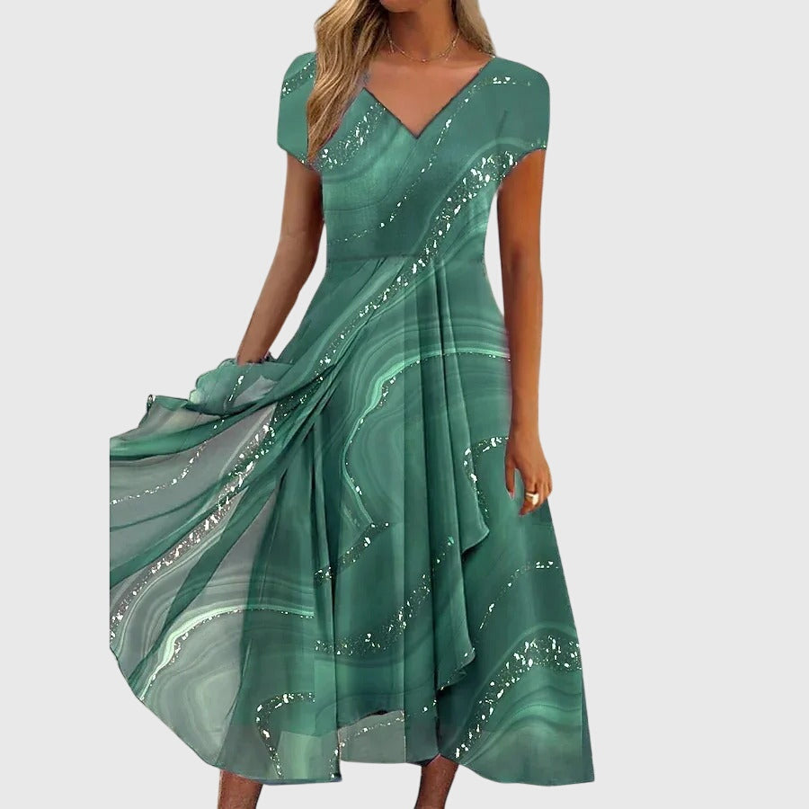 Aubrielle | Women's Swirl Print Midi Dress, Flowy V-Neck Dress for Everyday Wear