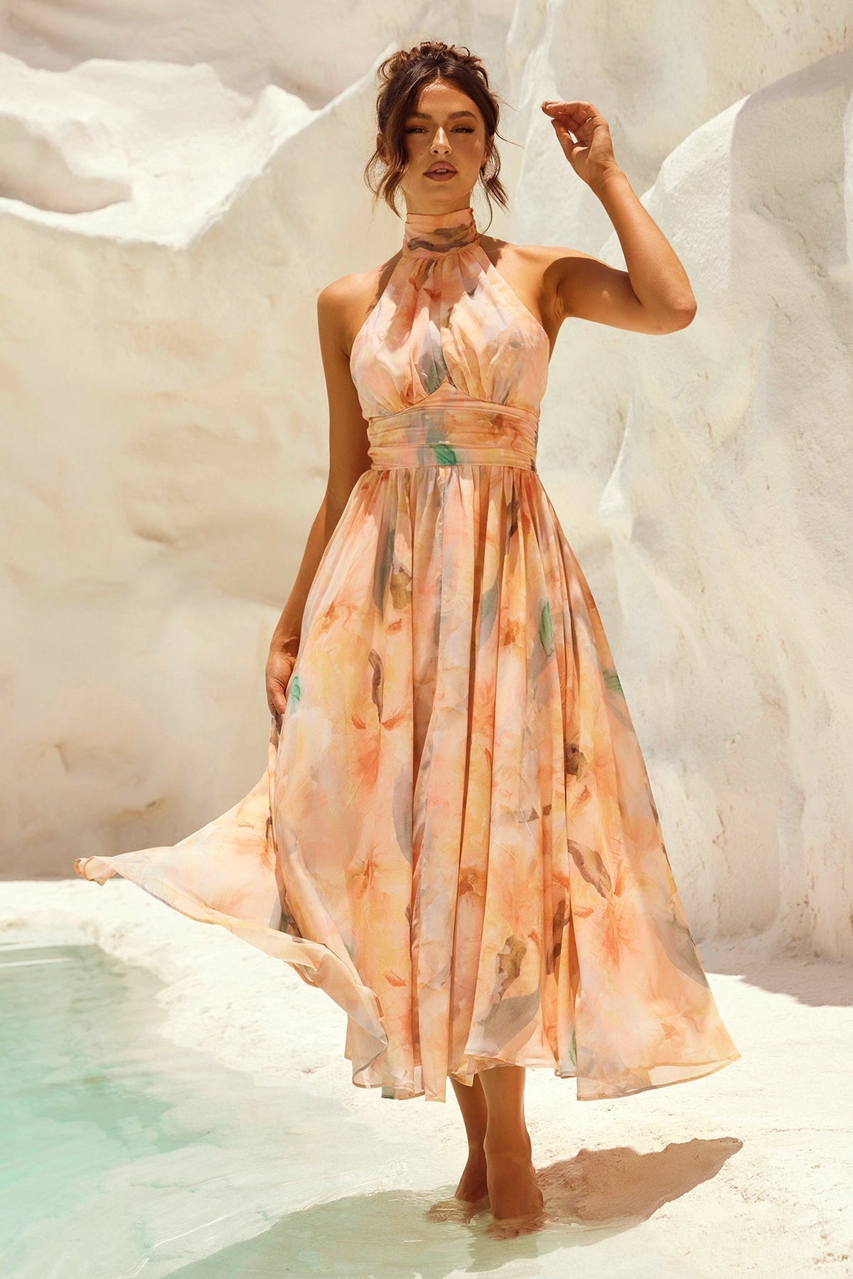 Livia | Women's Halter Neck Chiffon Midi Dress, Open Back Wedding Guest Dress
