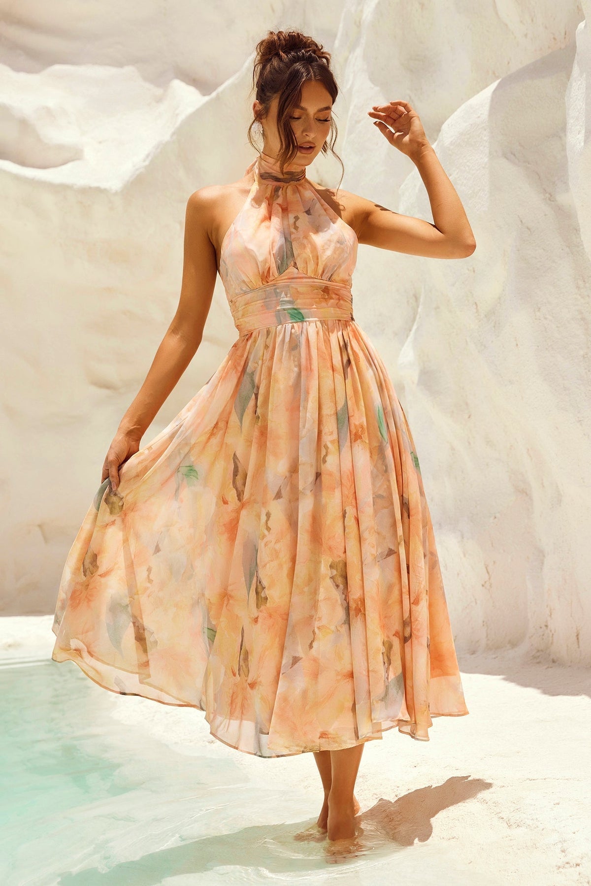 Livia | Women's Halter Neck Chiffon Midi Dress, Open Back Wedding Guest Dress