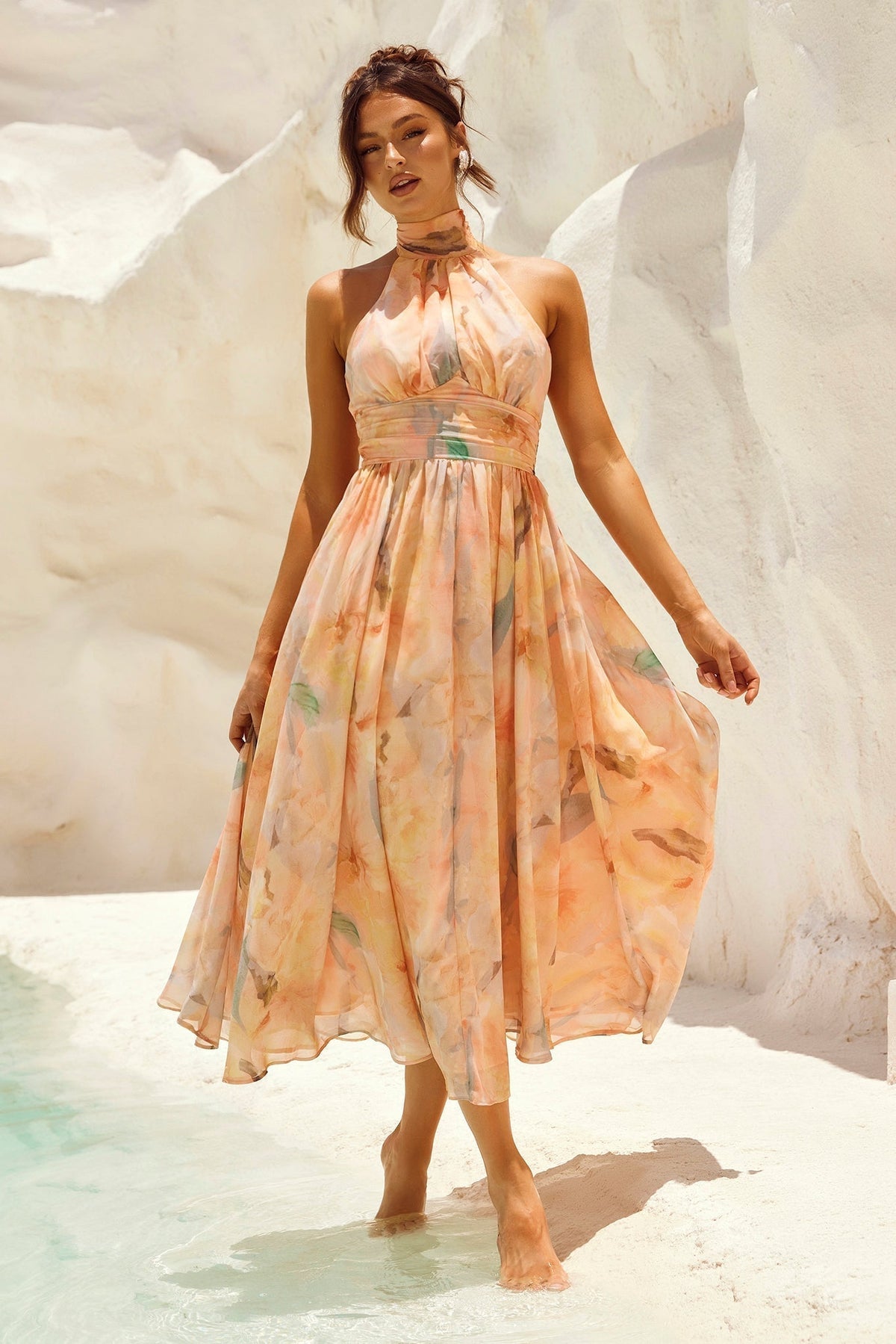 Livia | Women's Halter Neck Chiffon Midi Dress, Open Back Wedding Guest Dress