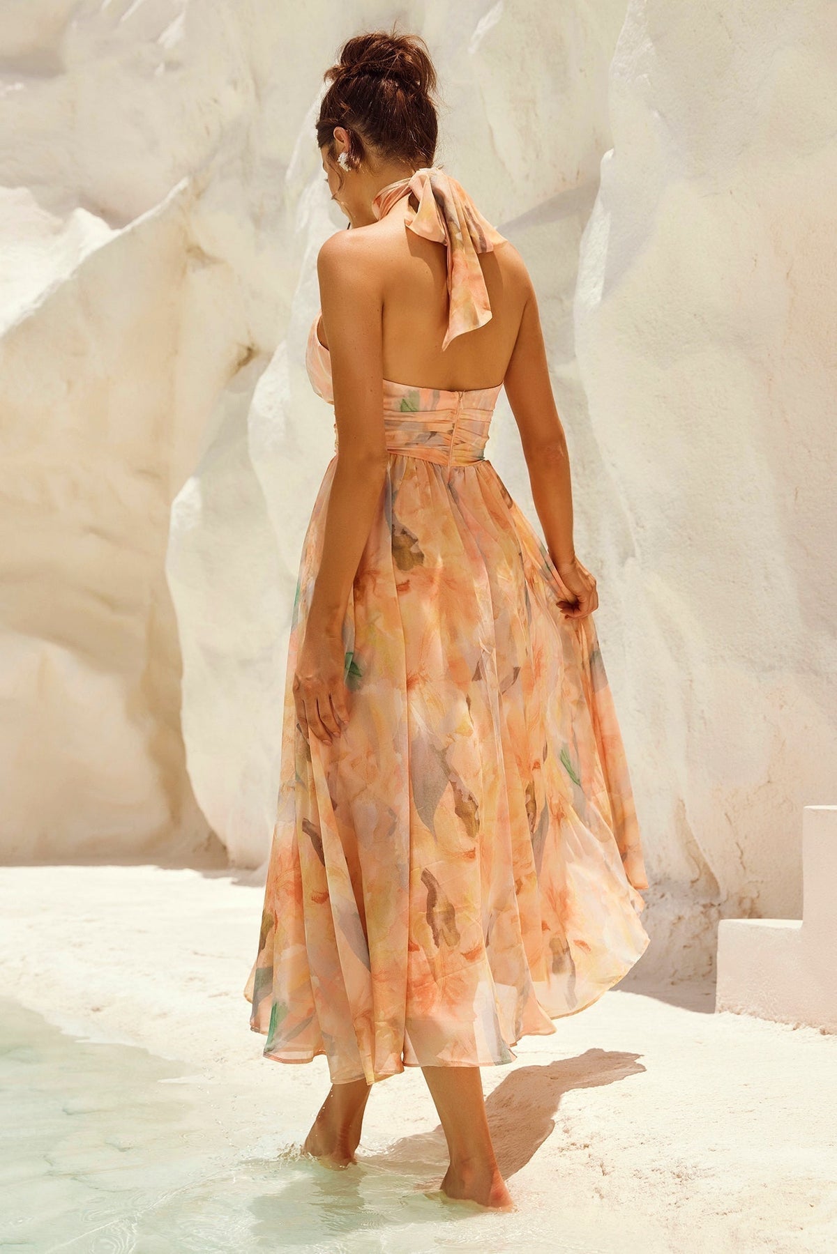 Livia | Women's Halter Neck Chiffon Midi Dress, Open Back Wedding Guest Dress