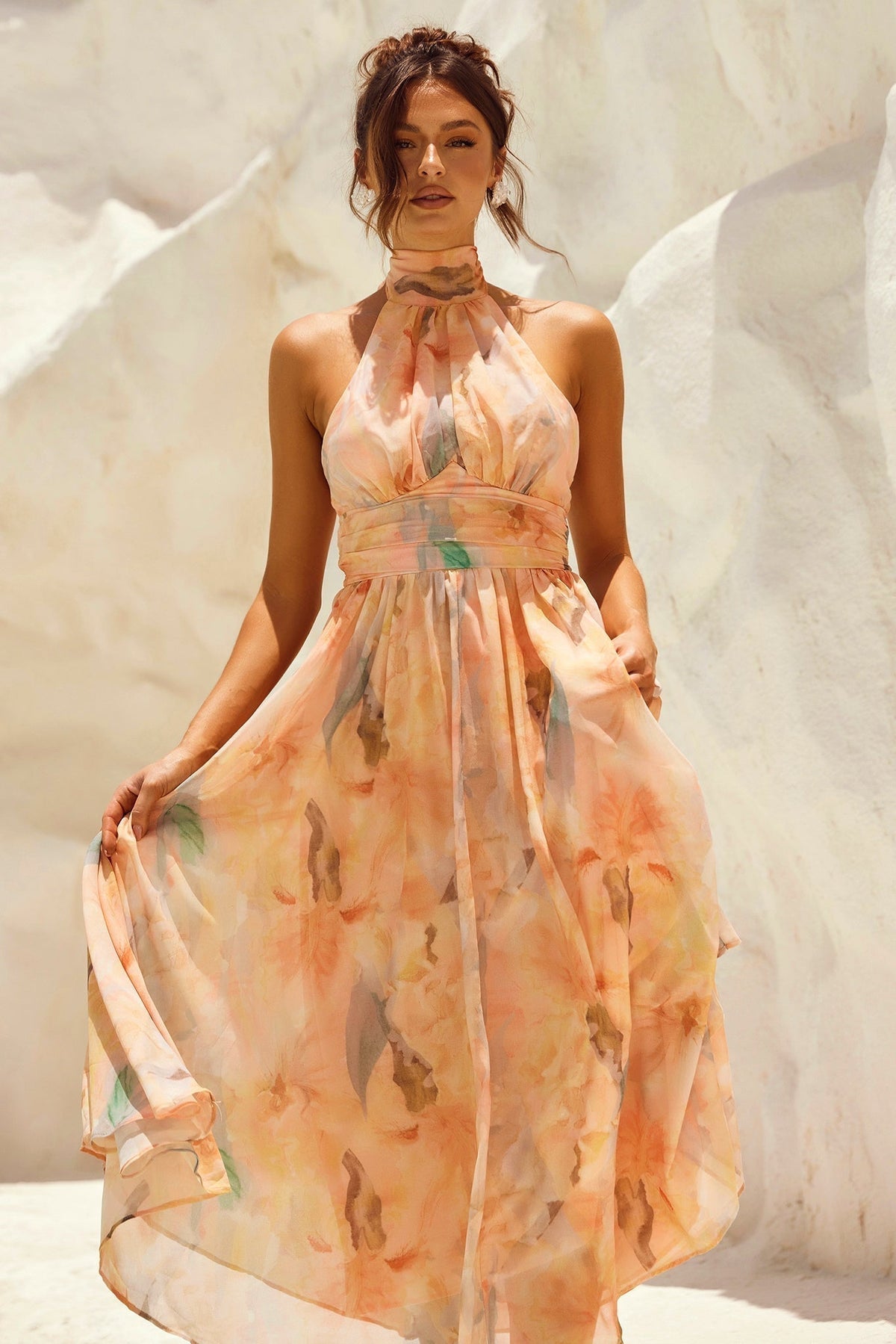 Livia | Women's Halter Neck Chiffon Midi Dress, Open Back Wedding Guest Dress