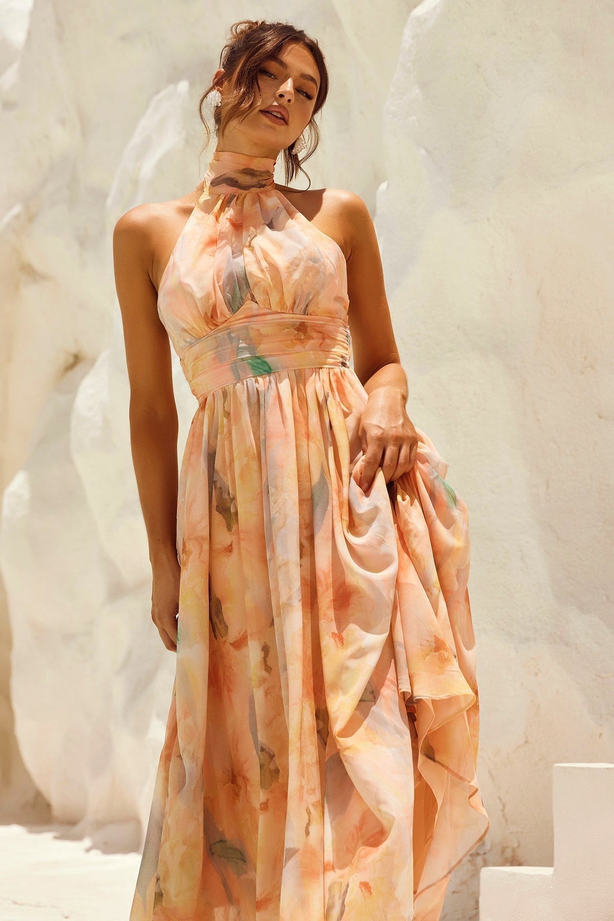 Livia | Women's Halter Neck Chiffon Midi Dress, Open Back Wedding Guest Dress