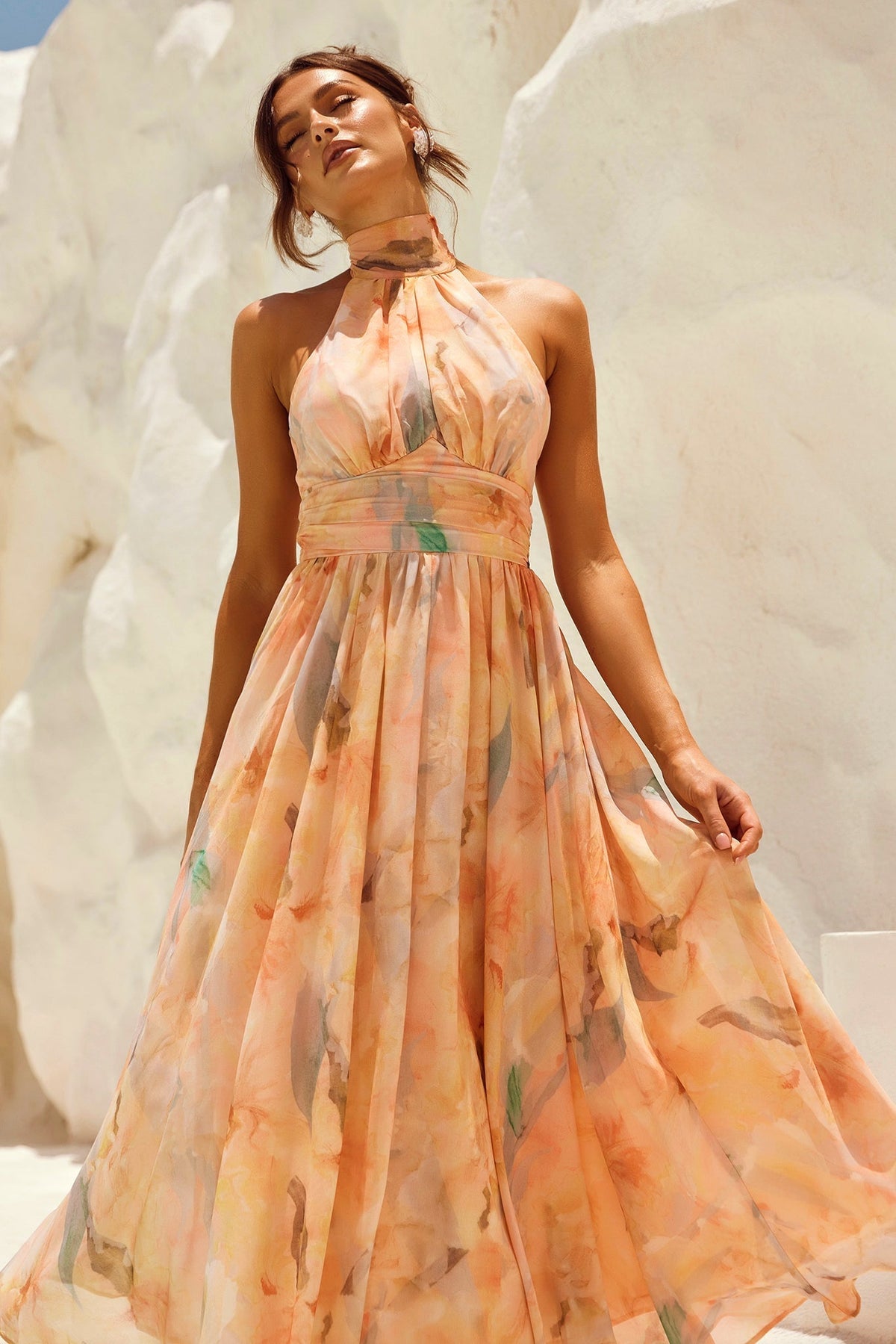 Livia | Women's Halter Neck Chiffon Midi Dress, Open Back Wedding Guest Dress