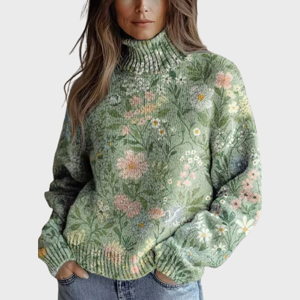 Jessie | Women's Floral Turtleneck Sweater, Soft Knit Fall Winter Pullover
