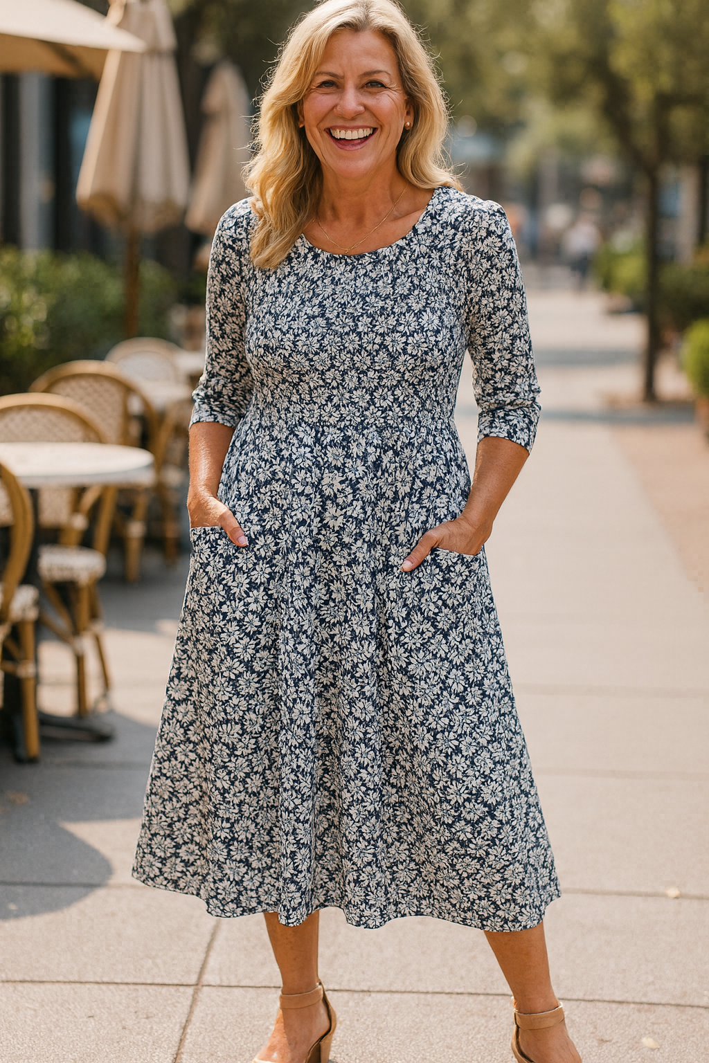 Meliora | Women's A-Line Midi Dress, 3/4 Sleeve Casual Dress with Side Pockets