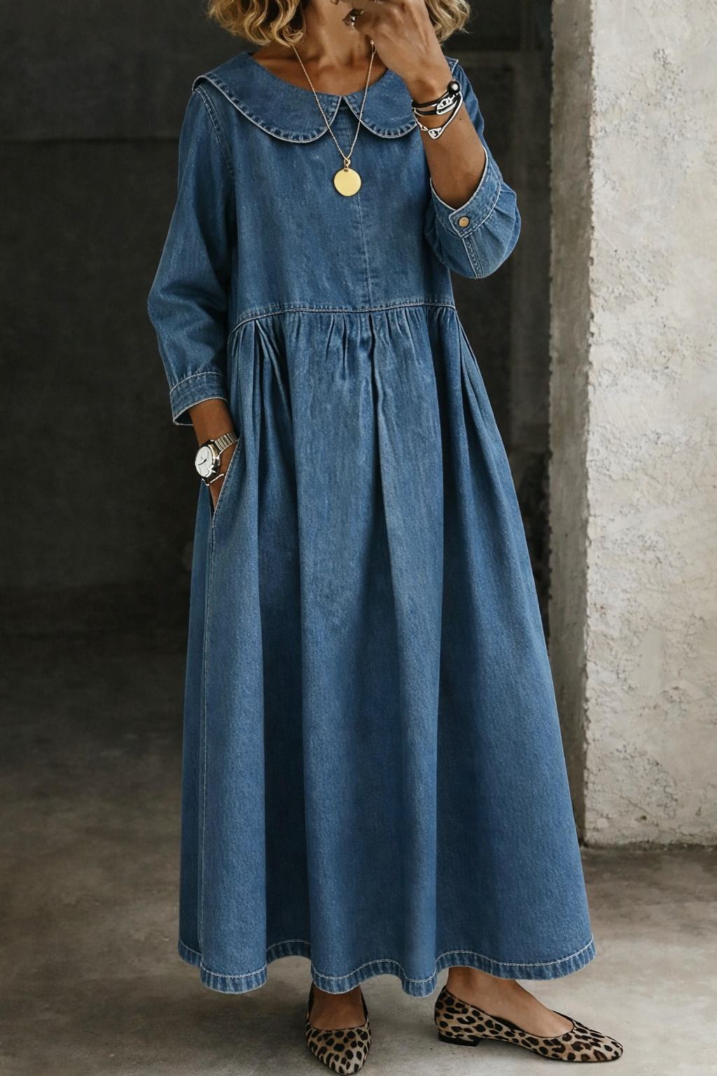 Clara | Women's Peter Pan Collar Denim Dress, Relaxed Fit Casual Dress