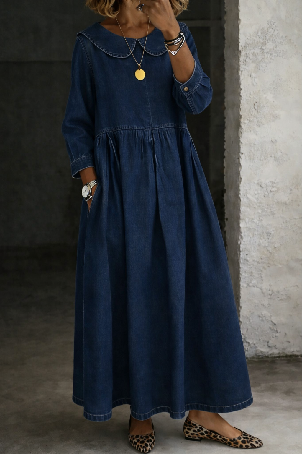 Clara | Women's Peter Pan Collar Denim Dress, Relaxed Fit Casual Dress