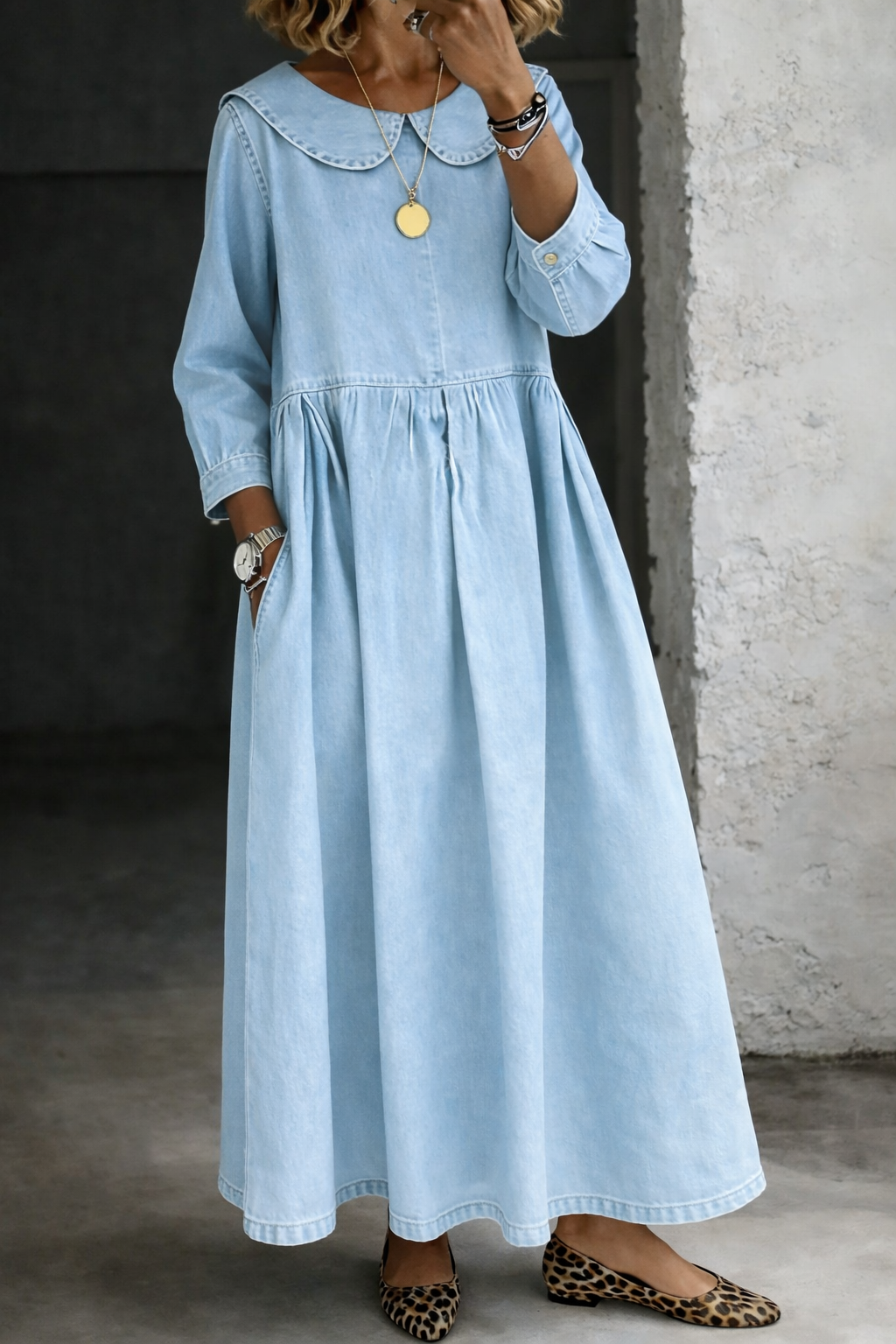 Clara | Women's Peter Pan Collar Denim Dress, Relaxed Fit Casual Dress