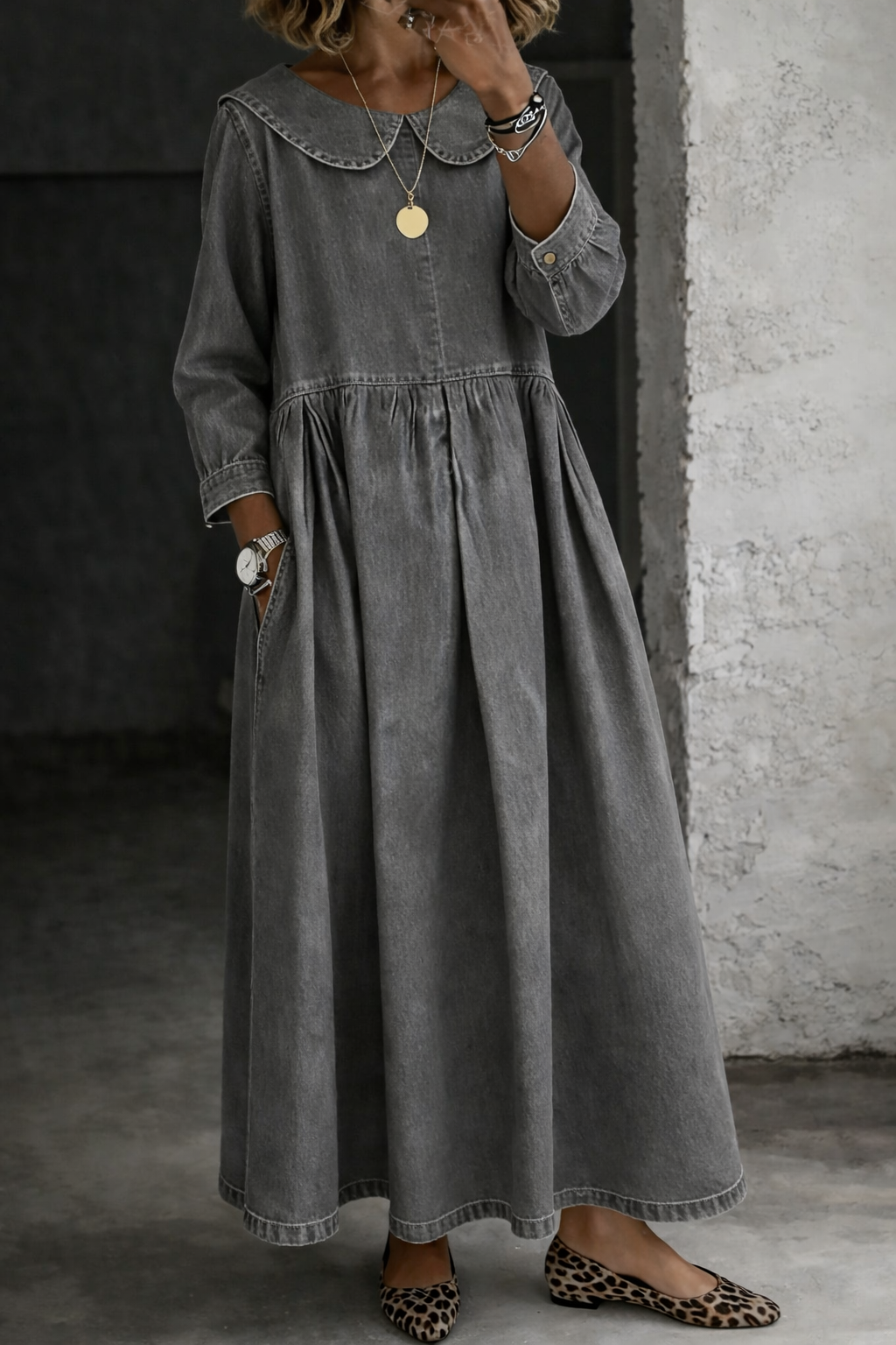 Clara | Women's Peter Pan Collar Denim Dress, Relaxed Fit Casual Dress
