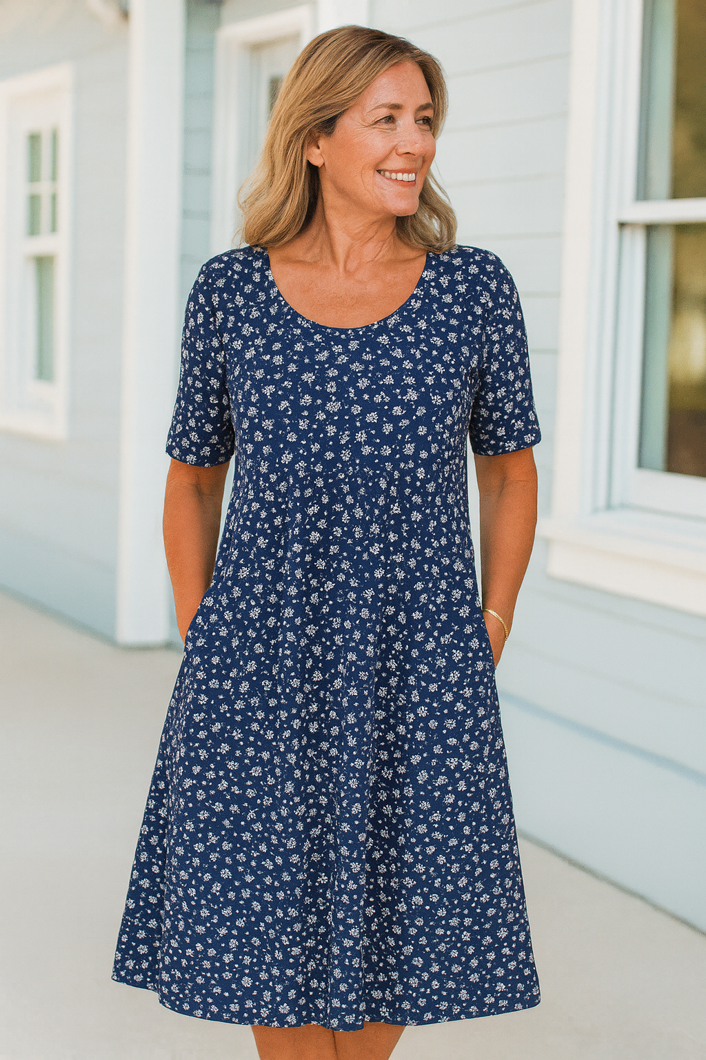 Maribelle | Women's Floral Midi Dress, Sleeved Casual Dress with Pockets