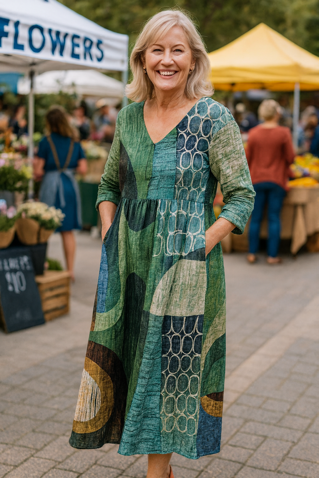 Noelia | Women's V-Neck Maxi Dress, 3/4 Sleeve Wrinkle-Free Day Dress with Pockets