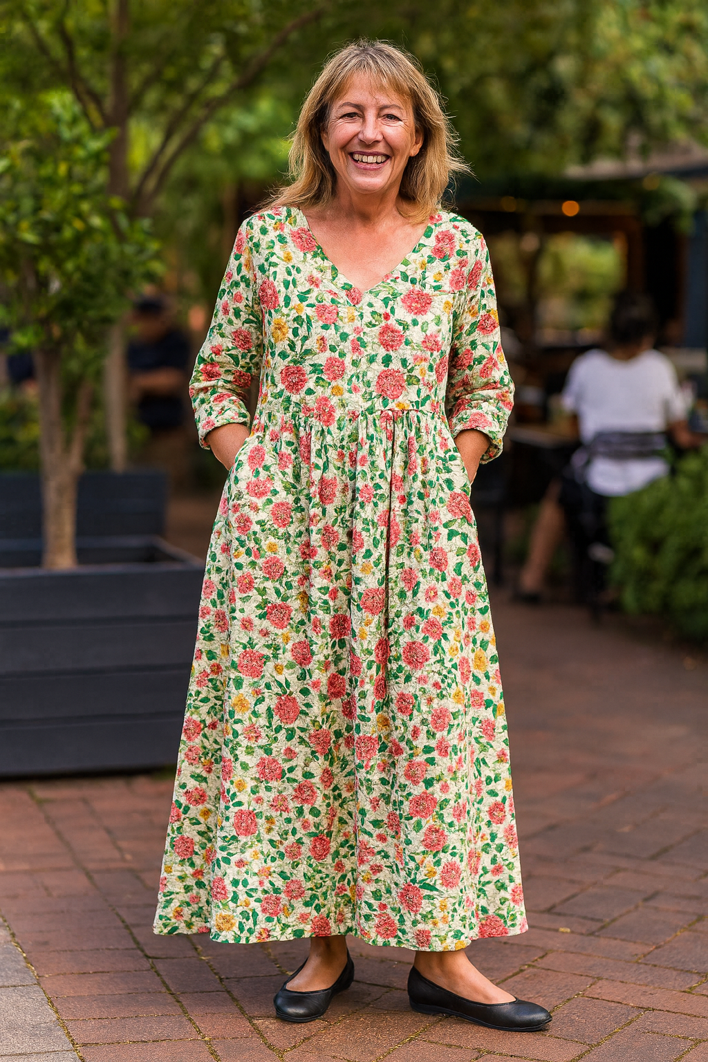 Noelia | Women's V-Neck Maxi Dress, 3/4 Sleeve Wrinkle-Free Day Dress with Pockets