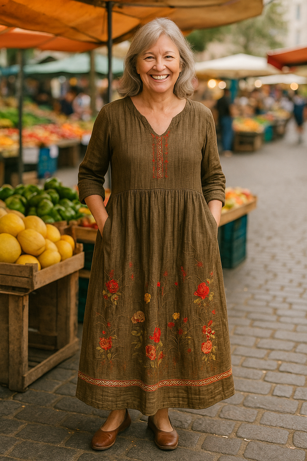 Noelia | Women's V-Neck Maxi Dress, 3/4 Sleeve Wrinkle-Free Day Dress with Pockets