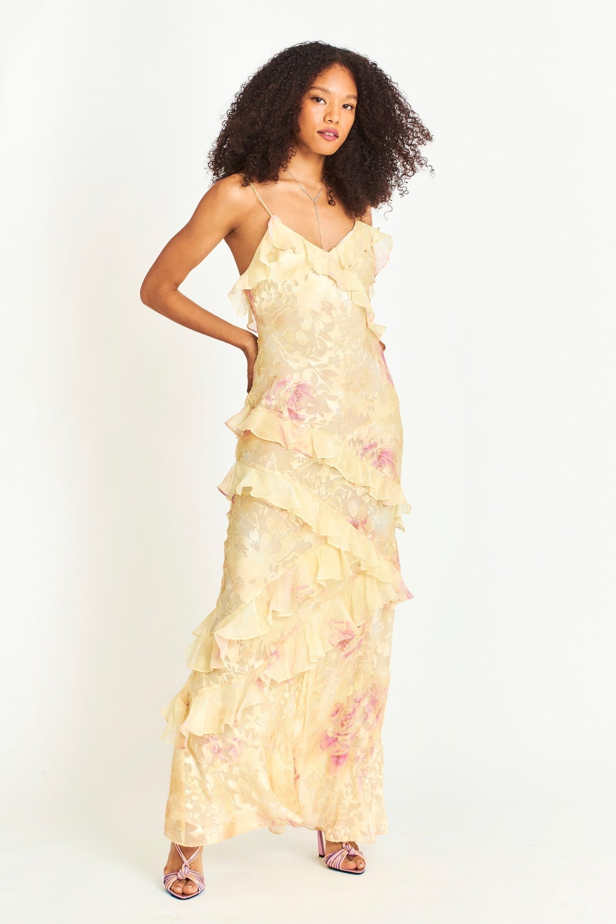 Darcel | Women's Ruffle Chiffon Maxi Dress, Floral Print Occasion Dress