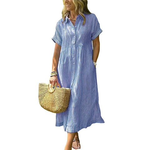 Women's Loose Midi Striped Shirt Dress with Pockets