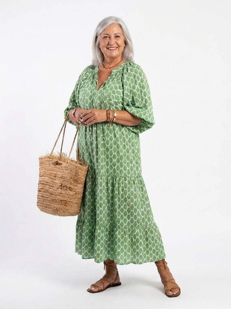 Apolline | Women's Three-Quarter Sleeve V-Neck Midi Dress, Tiered Patterned Day Dress
