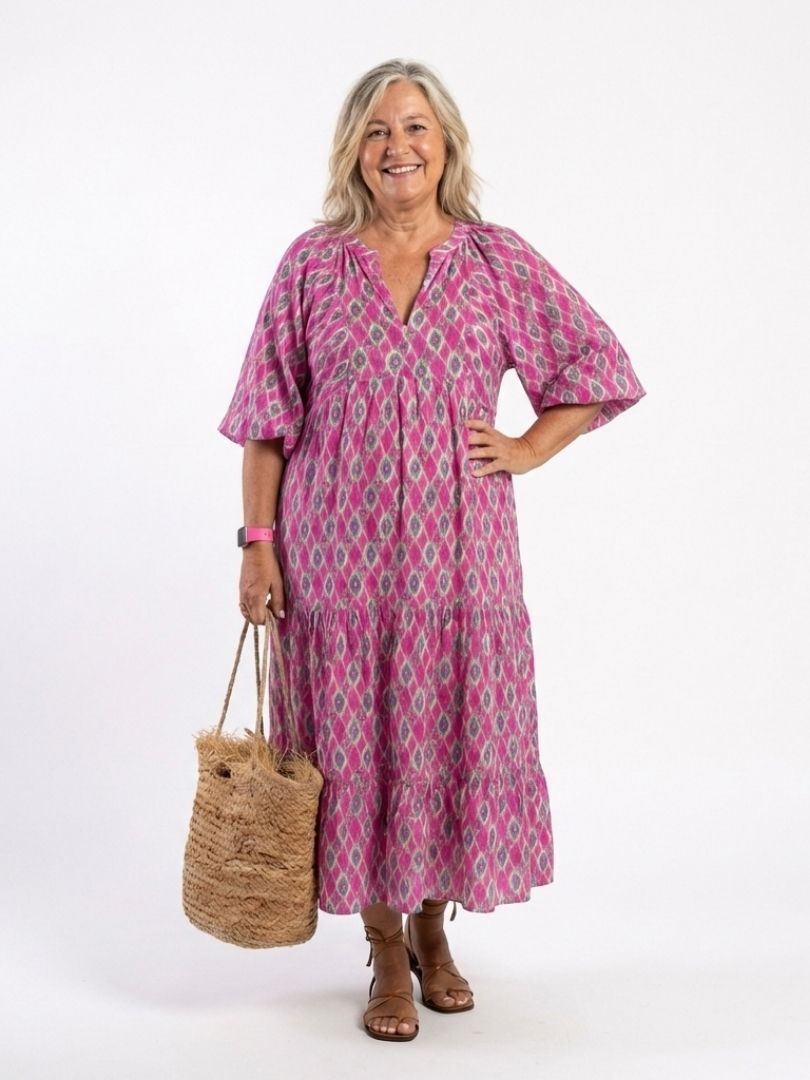 Apolline | Women's Three-Quarter Sleeve V-Neck Midi Dress, Tiered Patterned Day Dress