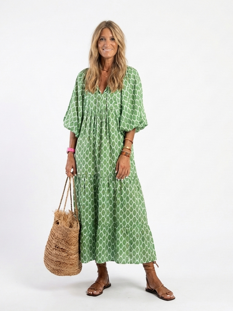 Apolline | Women's Three-Quarter Sleeve V-Neck Midi Dress, Tiered Patterned Day Dress