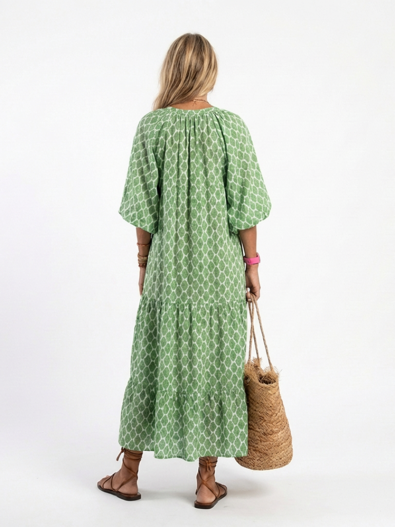 Apolline | Women's Three-Quarter Sleeve V-Neck Midi Dress, Tiered Patterned Day Dress