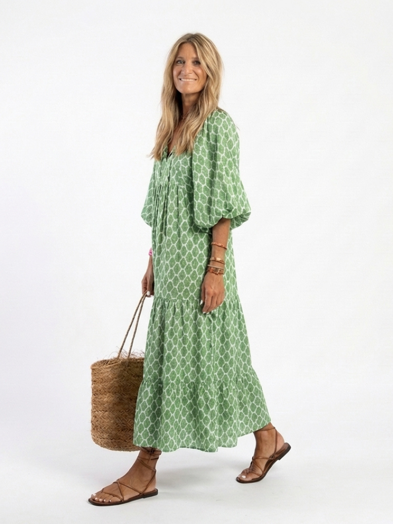 Apolline | Women's Three-Quarter Sleeve V-Neck Midi Dress, Tiered Patterned Day Dress