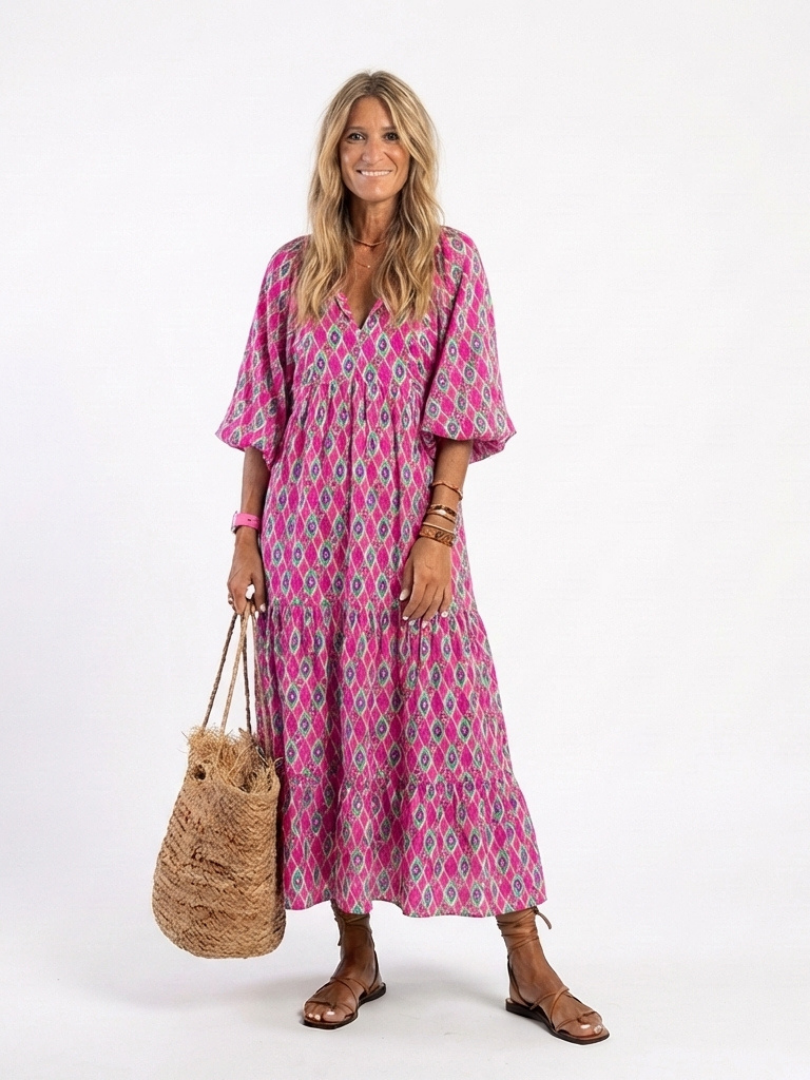 Apolline | Women's Three-Quarter Sleeve V-Neck Midi Dress, Tiered Patterned Day Dress
