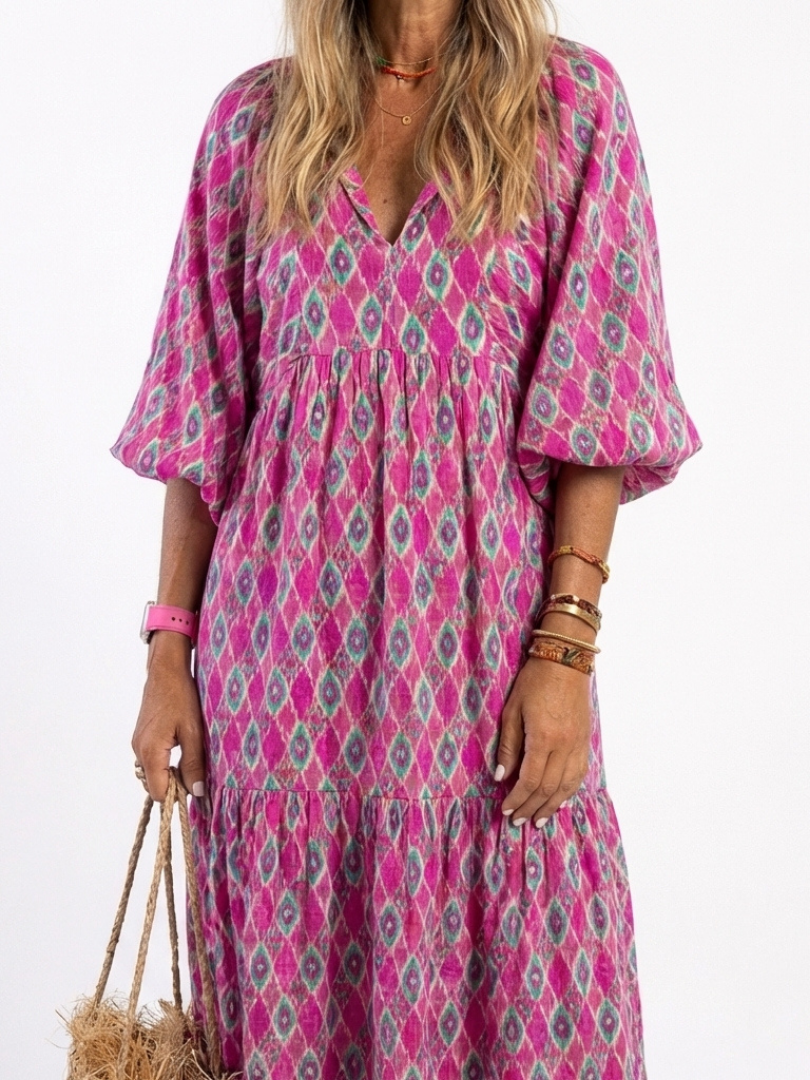 Apolline | Women's Three-Quarter Sleeve V-Neck Midi Dress, Tiered Patterned Day Dress