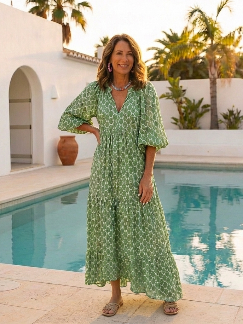 Apolline | Women's Three-Quarter Sleeve V-Neck Midi Dress, Tiered Patterned Day Dress