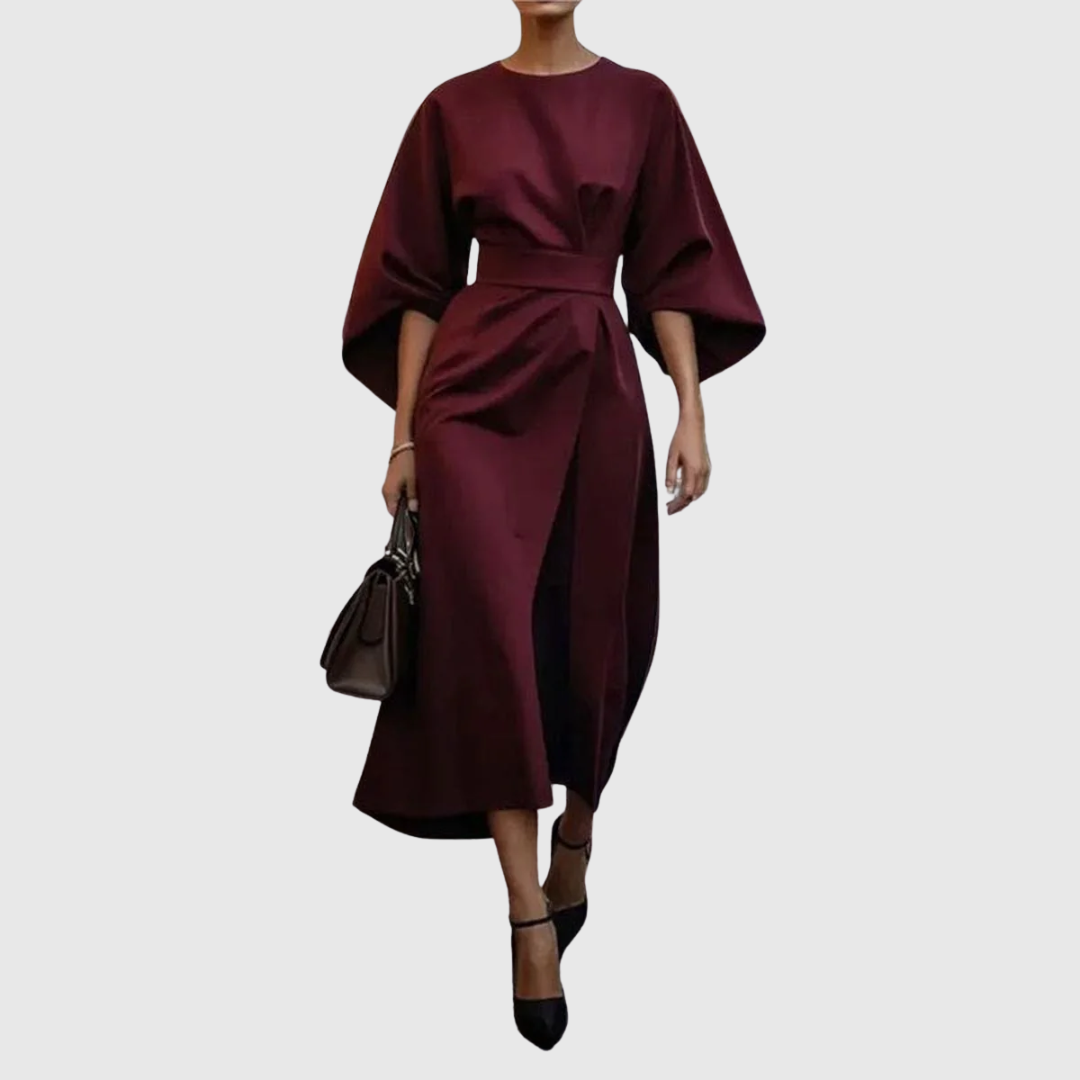 Eldra | Women's Batwing Sleeve Maxi Dress, Belted Long Sleeve Evening Dress