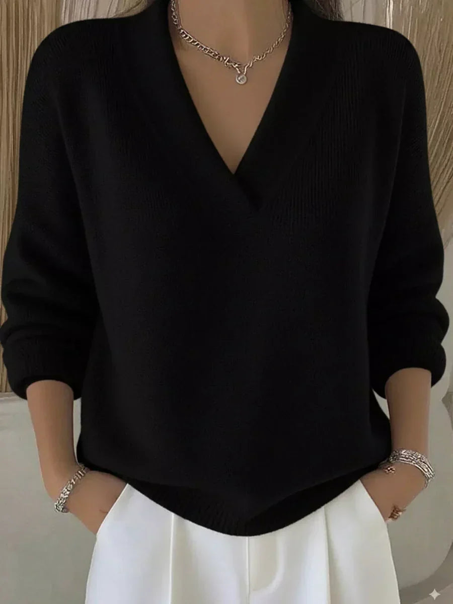 Faye | Women's Relaxed V-Neck Sweater, Draped Soft Knit Casual Sweater