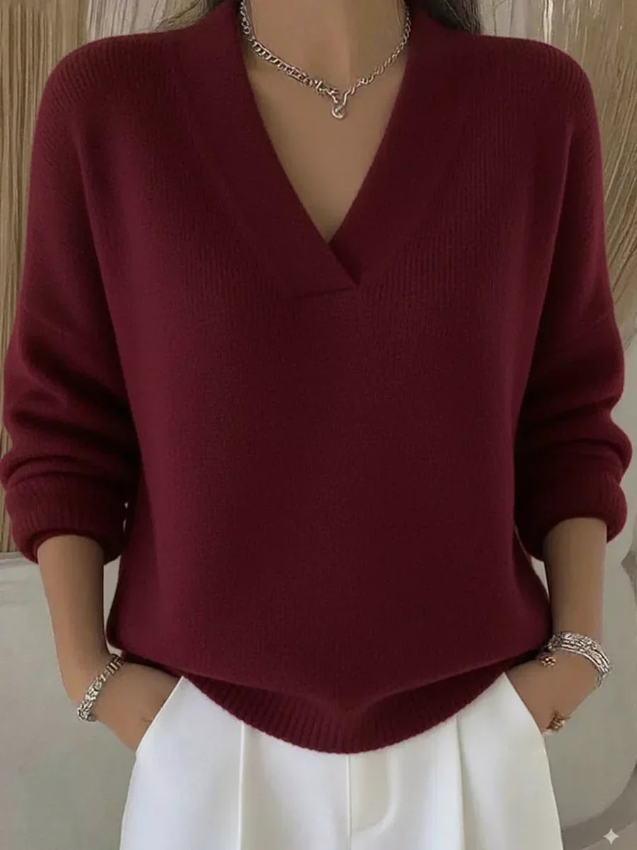 Faye | Women's Relaxed V-Neck Sweater, Draped Soft Knit Casual Sweater