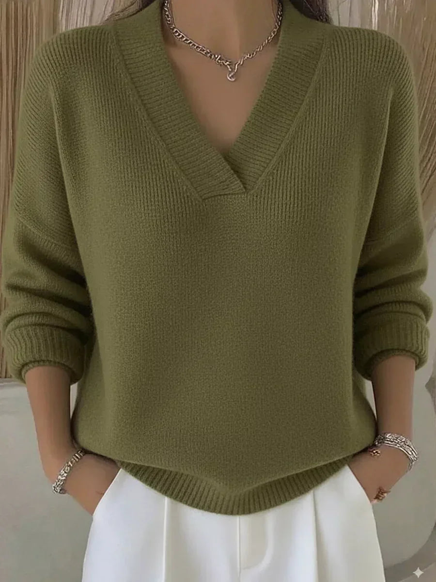 Faye | Women's Relaxed V-Neck Sweater, Draped Soft Knit Casual Sweater
