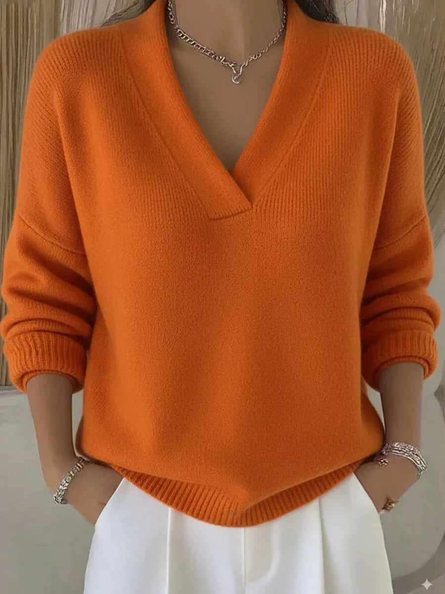 Faye | Women's Relaxed V-Neck Sweater, Draped Soft Knit Casual Sweater