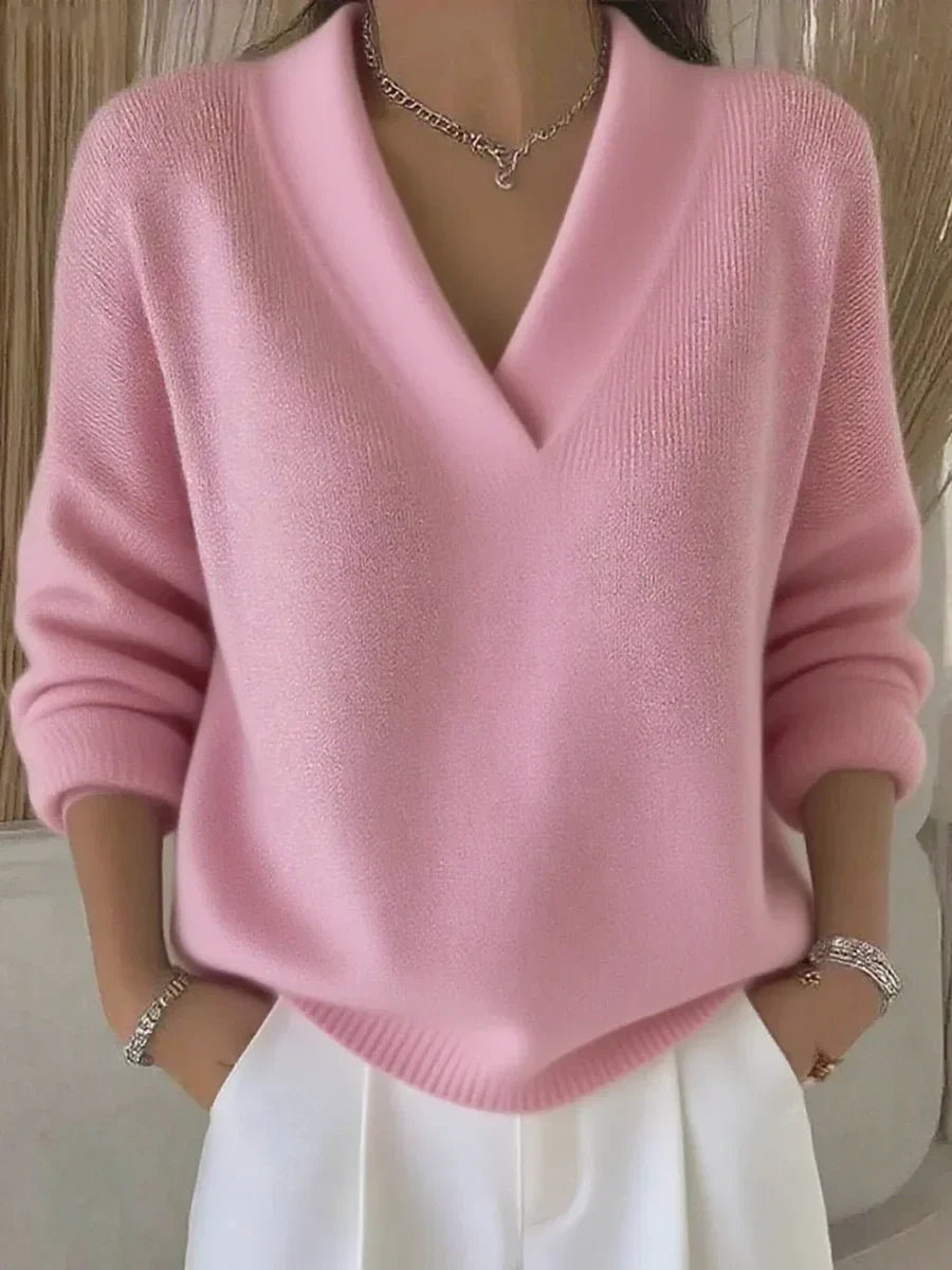 Faye | Women's Relaxed V-Neck Sweater, Draped Soft Knit Casual Sweater