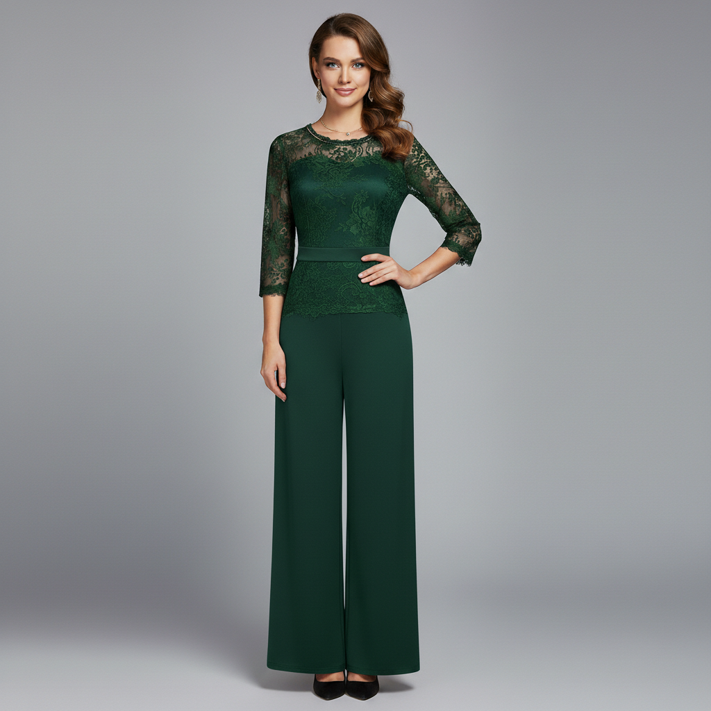 Diana | Women's Flocked Lace Jumpsuit, Mock Neck Evening Occasion Outfit