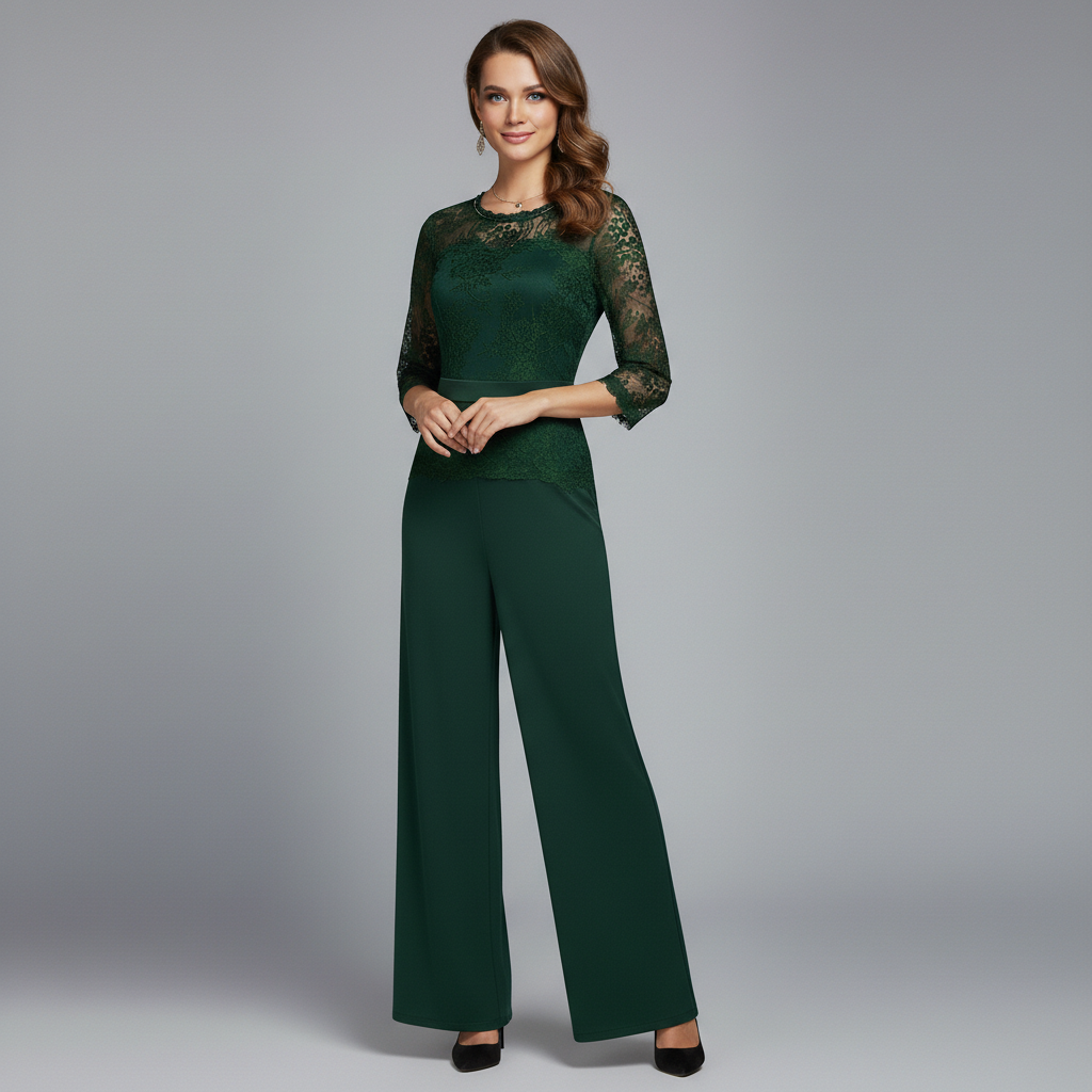 Diana | Women's Flocked Lace Jumpsuit, Mock Neck Evening Occasion Outfit