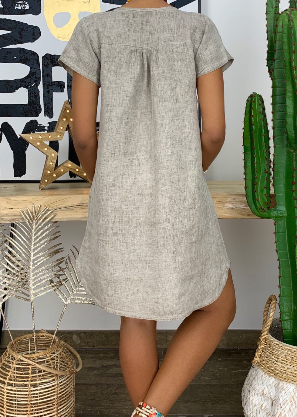 Liora | Women's Linen Mini Dress, Short Sleeve Relaxed Summer Dress for Everyday Wear