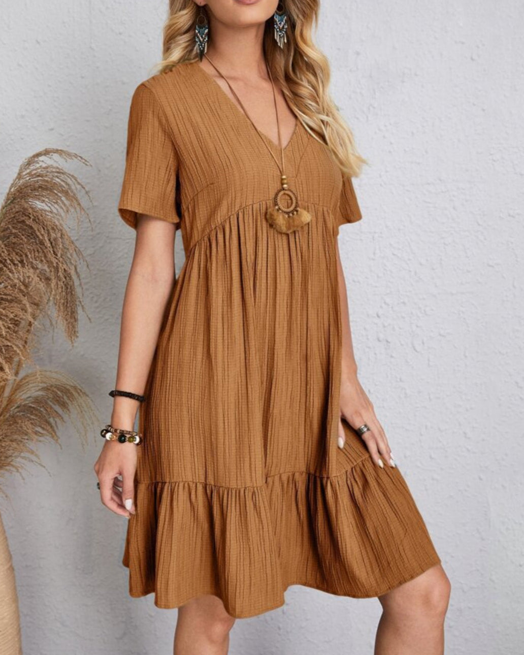 Brenda | Women's Boho Mini Dress, Relaxed Fit Summer Dress in Warm Earth Tones