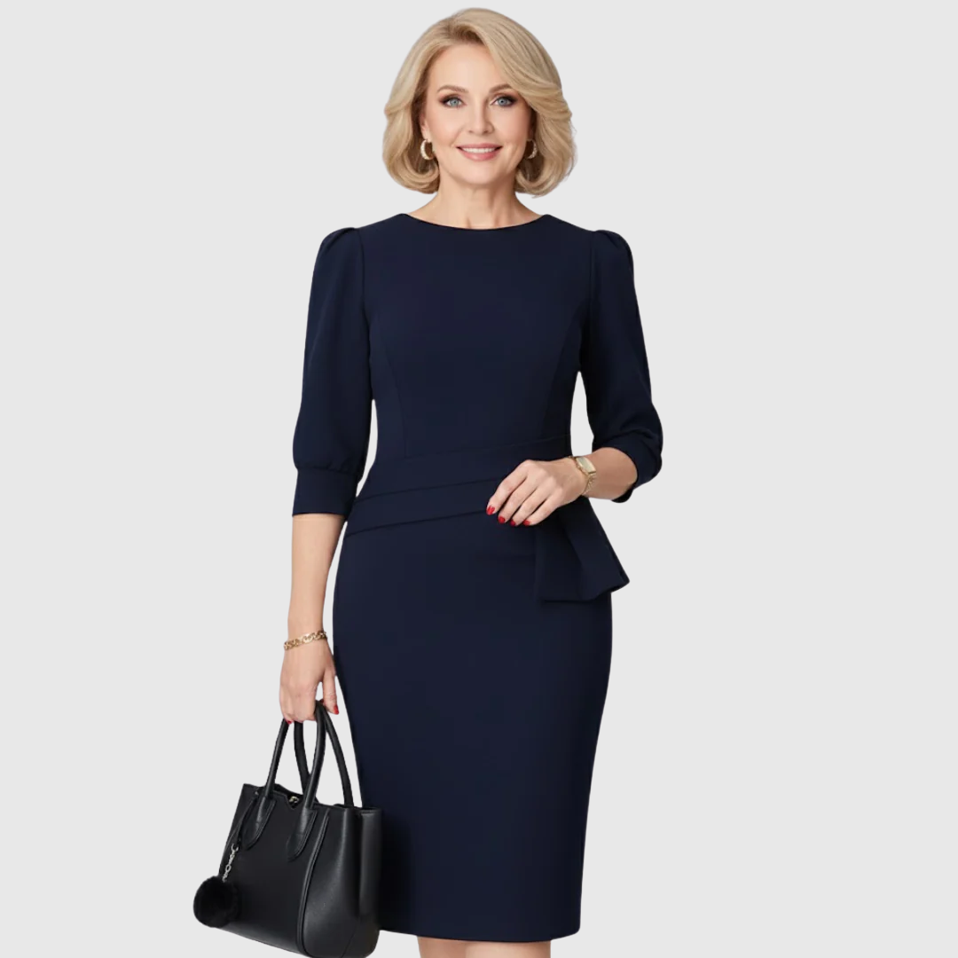 Claudine Bloom | Women's Ruffle Waist Midi Dress, Three-Quarter Sleeve Fall Dress